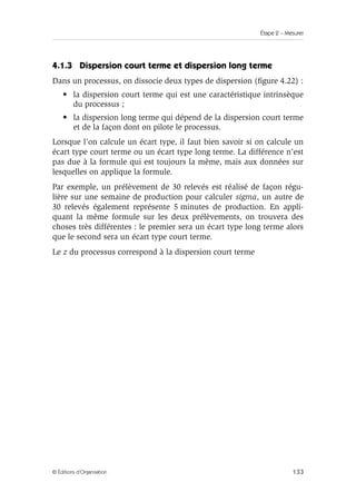 Étape 2 – Mesurer
133
© Éditions d’Organisation
4.1.3 Dispersion court terme et dispersion long terme
Dans un processus, on dissocie deux types de dispersion (figure 4.22) :
• la dispersion court terme qui est une caractéristique intrinsèque
du processus ;
• la dispersion long terme qui dépend de la dispersion court terme
et de la façon dont on pilote le processus.
Lorsque l’on calcule un écart type, il faut bien savoir si on calcule un
écart type court terme ou un écart type long terme. La différence n’est
pas due à la formule qui est toujours la même, mais aux données sur
lesquelles on applique la formule.
Par exemple, un prélèvement de 30 relevés est réalisé de façon régu-
lière sur une semaine de production pour calculer sigma, un autre de
30 relevés également représente 5 minutes de production. En appli-
quant la même formule sur les deux prélèvements, on trouvera des
choses très différentes : le premier sera un écart type long terme alors
que le second sera un écart type court terme.
Le z du processus correspond à la dispersion court terme
 