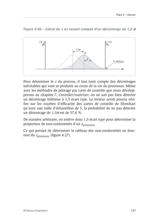 Étape 2 – Mesurer
137
© Éditions d’Organisation
Figure 4.26 – Calcul de z en tenant compte d’un décentrage de 1,5 σ
Pour déterminer le z du process, il faut tenir compte des décentrages
inévitables qui vont se produire au cours de la vie du processus. Même
avec les méthodes de pilotage par carte de contrôle que nous dévelop-
perons au chapitre 7, Contrôler/maîtriser, on ne sait pas bien détecter
un décentrage inférieur à 1,5 écart type. Le lecteur averti pourra véri-
fier sur les courbes d’efficacité des cartes de contrôle de Shewhart
qu’avec une taille d’échantillon de 5, la probabilité de ne pas détecter
un décentrage de 1,5σ est de 37,4 %.
De manière arbitraire, on enlève donc 1,5 écart type pour déterminer la
proportion de non-conformités d’un zprocessus
Ce qui permet de déterminer le tableau des non-conformités en fonc-
tion du zprocessus (figure 4.27).
1,5σ
σ
LSS
LSI
µ
% défauts
 