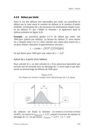 Étape 2 – Mesurer
143
© Éditions d’Organisation
4.3.2 Défaut par Unité
Dans le cas des défauts non mesurables par unité, on caractérise le
défaut par le ratio entre le nombre de défauts et le nombre d’unités
réalisées. L’évaluation du z du processus est relativement simple à par-
tir du tableau T1 des « Tables et résumés » et également dans le
tableau présenté en figure 4.26
Exemple : un processus génère 0,5 % de défaut par unité, soit
5000 ppm (pièces par million). La lecture du tableau T1 nous donne
un z compris entre 4 et 4,2. Pour calculer une valeur plus exacte du z,
on peut utiliser l’équation d’approximation suivante :
Ce qui donne pour 5000 ppm une valeur de z = 4,07.
Calcul du z à partir d’un tableur
Pour calculer le z, on doit calculer le z d’un processus équivalent qui
suivrait une loi normale avec un décalage de 1,5 écart type et qui don-
nerait un pourcentage de défauts de 5000 ppm.
Figure 4-31
Six Sigma en tenant compte d’un décentrage de 1,5 sigma
En utilisant sur Excel la fonction LOI.NORMALE.STANDARD.INVERSE
(0,005), on trouve le zéquivalent= 2,57, auquel il convient de rajouter le
décalage de 1,5. Ce qui donne : zprocess = 2,57+ 1,5 = 4,07
z 0,8406 29,37 2,221
– ln(ppm)
+
=
5 000
ppm
0
ppm
1,5σ
0
–1
–2
–3 1 2 3
 