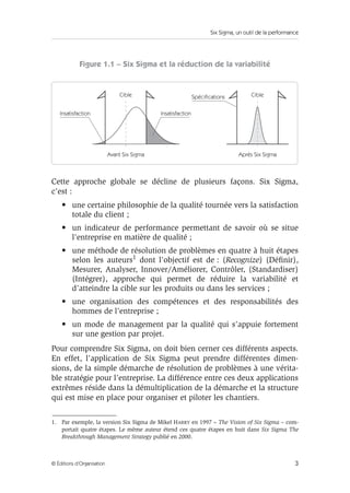 Six Sigma, un outil de la performance
3
© Éditions d’Organisation
Figure 1.1 – Six Sigma et la réduction de la variabilité
Cette approche globale se décline de plusieurs façons. Six Sigma,
c’est :
• une certaine philosophie de la qualité tournée vers la satisfaction
totale du client ;
• un indicateur de performance permettant de savoir où se situe
l’entreprise en matière de qualité ;
• une méthode de résolution de problèmes en quatre à huit étapes
selon les auteurs1 dont l’objectif est de : (Recognize) (Définir),
Mesurer, Analyser, Innover/Améliorer, Contrôler, (Standardiser)
(Intégrer), approche qui permet de réduire la variabilité et
d’atteindre la cible sur les produits ou dans les services ;
• une organisation des compétences et des responsabilités des
hommes de l’entreprise ;
• un mode de management par la qualité qui s’appuie fortement
sur une gestion par projet.
Pour comprendre Six Sigma, on doit bien cerner ces différents aspects.
En effet, l’application de Six Sigma peut prendre différentes dimen-
sions, de la simple démarche de résolution de problèmes à une vérita-
ble stratégie pour l’entreprise. La différence entre ces deux applications
extrêmes réside dans la démultiplication de la démarche et la structure
qui est mise en place pour organiser et piloter les chantiers.
1. Par exemple, la version Six Sigma de Mikel HARRY en 1997 – The Vision of Six Sigma – com-
portait quatre étapes. Le même auteur étend ces quatre étapes en huit dans Six Sigma The
Breakthrough Management Strategy publié en 2000.
Insatisfaction Insatisfaction
Spécifications
Cible Cible
Avant Six Sigma Après Six Sigma
 