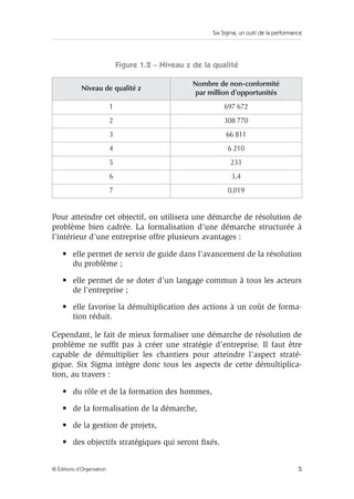 Six Sigma, un outil de la performance
5
© Éditions d’Organisation
Figure 1.2 – Niveau z de la qualité
Pour atteindre cet objectif, on utilisera une démarche de résolution de
problème bien cadrée. La formalisation d’une démarche structurée à
l’intérieur d’une entreprise offre plusieurs avantages :
• elle permet de servir de guide dans l’avancement de la résolution
du problème ;
• elle permet de se doter d’un langage commun à tous les acteurs
de l’entreprise ;
• elle favorise la démultiplication des actions à un coût de forma-
tion réduit.
Cependant, le fait de mieux formaliser une démarche de résolution de
problème ne suffit pas à créer une stratégie d’entreprise. Il faut être
capable de démultiplier les chantiers pour atteindre l’aspect straté-
gique. Six Sigma intègre donc tous les aspects de cette démultiplica-
tion, au travers :
• du rôle et de la formation des hommes,
• de la formalisation de la démarche,
• de la gestion de projets,
• des objectifs stratégiques qui seront fixés.
Niveau de qualité z
Nombre de non-conformité
par million d’opportunités
1 697 672
2 308 770
3 66 811
4 6 210
5 233
6 3,4
7 0,019
 
