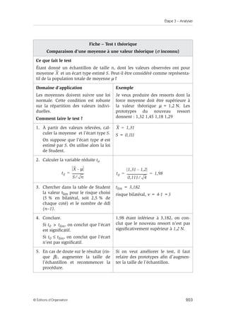 Étape 3 – Analyser
203
© Éditions d’Organisation
Fiche – Test t théorique
Comparaison d’une moyenne à une valeur théorique (σ inconnu)
Ce que fait le test
Étant donné un échantillon de taille n, dont les valeurs observées ont pour
moyenne et un écart type estimé S. Peut-il être considéré comme représenta-
tif de la population totale de moyenne µ ?
Domaine d’application
Les moyennes doivent suivre une loi
normale. Cette condition est robuste
sur la répartition des valeurs indivi-
duelles.
Comment faire le test ?
Exemple
Je veux produire des ressorts dont la
force moyenne doit être supérieure à
la valeur théorique µ = 1,2 N. Les
prototypes du nouveau ressort
donnent : 1,32 1,45 1,18 1,29
1. À partir des valeurs relevées, cal-
culer la moyenne et l’écart type S.
On suppose que l’écart type σ est
estimé par S. On utilise alors la loi
de Student.
S = 0,111
2. Calculer la variable réduite to
3. Chercher dans la table de Student
la valeur tlim pour le risque choisi
(5 % en bilatéral, soit 2,5 % de
chaque coté) et le nombre de ddl
(n–1).
tlim = 3,182
risque bilatéral, ν = 4-1 =3
4. Conclure.
Si t0  tlim, on conclut que l’écart
est significatif.
Si t0 ≤ tlim, on conclut que l’écart
n’est pas significatif.
1,98 étant inférieur à 3,182, on con-
clut que le nouveau ressort n’est pas
significativement supérieur à 1,2 N.
5. En cas de doute sur le résultat (ris-
que β), augmenter la taille de
l’échantillon et recommencer la
procédure.
Si on veut améliorer le test, il faut
refaire des prototypes afin d’augmen-
ter la taille de l’échantillon.
X
X 1,31
=
t0
X µ
–
S n
⁄
---------------
-
= t0
1,31 1,2
–
0,111 4
⁄
---------------------------
- 1,98
= =
 