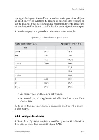 Étape 3 – Analyser
249
© Éditions d’Organisation
Les logiciels disposent tous d’une procédure mixte permettant d’ajou-
ter ou d’enlever les variables du modèle en fonction des résultats du
test de Student. Nous ne pouvons que recommander cette procédure,
surtout lorsque l’on débute dans l’utilisation de la régression multiple.
À titre d’exemple, cette procédure a donné sur notre exemple :
Figure 5.71 – Procédure « pas à pas »
• Au premier pas, seul MN a été sélectionné.
• Au second pas, NI a également été sélectionné et la procédure
s’est arrêtée.
Au bout de deux pas en Forward, la régression avait trouvé le modèle
le plus adapté.
6.4.5 Analyse des résidus
À l’issue de la régression multiple, les résidus ei doivent être aléatoires.
Il est utile de tester leur normalité (figure 5.72).
Alpha pour entrer = 0,15 Alpha pour sortir = 0,15
Pas 1 2
Const. 69,12 52,30
MN –78,5 –72,5
t –5,25 –16,56
p value 0,000 0,000
NI 92,5
t 11,46
p value 0,000
S 2,52 0,731
R2
69,65 97,65
67,12 97,23
RAjust
2
 