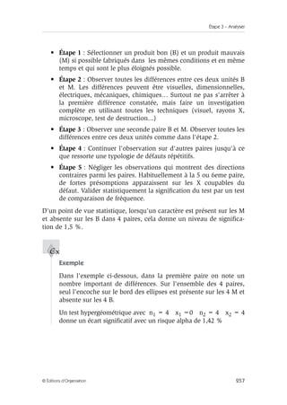 Étape 3 – Analyser
257
© Éditions d’Organisation
• Étape 1 : Sélectionner un produit bon (B) et un produit mauvais
(M) si possible fabriqués dans les mêmes conditions et en même
temps et qui sont le plus éloignés possible.
• Étape 2 : Observer toutes les différences entre ces deux unités B
et M. Les différences peuvent être visuelles, dimensionnelles,
électriques, mécaniques, chimiques… Surtout ne pas s'arrêter à
la première différence constatée, mais faire un investigation
complète en utilisant toutes les techniques (visuel, rayons X,
microscope, test de destruction...)
• Étape 3 : Observer une seconde paire B et M. Observer toutes les
différences entre ces deux unités comme dans l'étape 2.
• Étape 4 : Continuer l'observation sur d'autres paires jusqu'à ce
que ressorte une typologie de défauts répétitifs.
• Étape 5 : Négliger les observations qui montrent des directions
contraires parmi les paires. Habituellement à la 5 ou 6eme paire,
de fortes présomptions apparaissent sur les X coupables du
défaut. Valider statistiquement la signification du test par un test
de comparaison de fréquence.
D'un point de vue statistique, lorsqu'un caractère est présent sur les M
et absente sur les B dans 4 paires, cela donne un niveau de significa-
tion de 1,5 %.
Exemple
Dans l'exemple ci-dessous, dans la première paire on note un
nombre important de différences. Sur l'ensemble des 4 paires,
seul l'encoche sur le bord des ellipses est présente sur les 4 M et
absente sur les 4 B.
Un test hypergéométrique avec n1 = 4 x1 =0 n2 = 4 x2 = 4
donne un écart significatif avec un risque alpha de 1,42 %
Ex
 