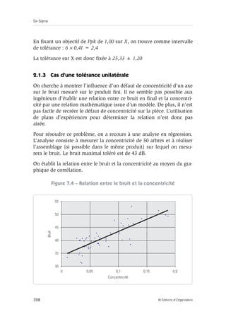 Six Sigma
328 © Éditions d’Organisation
En fixant un objectif de Ppk de 1,00 sur X, on trouve comme intervalle
de tolérance : 6 × 0,41 = 2,4
La tolérance sur X est donc fixée à 25,33 ± 1,20
2.1.3 Cas d’une tolérance unilatérale
On cherche à montrer l’influence d’un défaut de concentricité d’un axe
sur le bruit mesuré sur le produit fini. Il ne semble pas possible aux
ingénieurs d’établir une relation entre ce bruit en final et la concentri-
cité par une relation mathématique issue d’un modèle. De plus, il n’est
pas facile de recréer le défaut de concentricité sur la pièce. L’utilisation
de plans d’expériences pour déterminer la relation n’est donc pas
aisée.
Pour résoudre ce problème, on a recours à une analyse en régression.
L’analyse consiste à mesurer la concentricité de 50 arbres et à réaliser
l’assemblage (si possible dans le même produit) sur lequel on mesu-
rera le bruit. Le bruit maximal toléré est de 43 dB.
On établit la relation entre le bruit et la concentricité au moyen du gra-
phique de corrélation.
Figure 7.4 – Relation entre le bruit et la concentricité
30
35
40
45
50
55
0 0,05 0,1 0,15 0,2
Concentricité
Bruit
 