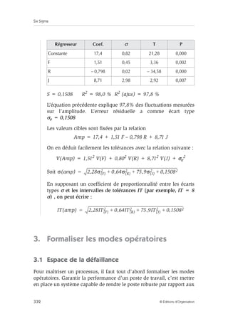 Six Sigma
332 © Éditions d’Organisation
S = 0,1508 R2 = 98,0 % R2 (ajus) = 97,8 %
L’équation précédente explique 97,8% des fluctuations mesurées
sur l’amplitude. L’erreur résiduelle a comme écart type
σe = 0,1508
Les valeurs cibles sont fixées par la relation
Amp = 17,4 + 1,51 F – 0,798 R + 8,71 J
On en déduit facilement les tolérances avec la relation suivante :
V(Amp) = 1,512 V(F) + 0,802 V(R) + 8,712 V(J) + σe
2
Soit
En supposant un coefficient de proportionnalité entre les écarts
types σ et les intervalles de tolérances IT (par exemple, IT = 8
σ) , on peut écrire :
3. Formaliser les modes opératoires
3.1 Espace de la défaillance
Pour maîtriser un processus, il faut tout d’abord formaliser les modes
opératoires. Garantir la performance d’un poste de travail, c’est mettre
en place un système capable de rendre le poste robuste par rapport aux
Régresseur Coef. σ T P
Constante 17,4 0,82 21,28 0,000
F 1,51 0,45 3,36 0,002
R – 0,798 0,02 – 34,58 0,000
J 8,71 2,98 2,92 0,007
σ(amp) 2,28σ(F)
2 0,64σ(R)
2 75,9σ(J)
2 0,15082
+ + +
=
IT(amp) 2,28IT(F)
2 0,64IT(R)
2 75,9IT(J)
2 0,15082
+ + +
=
 