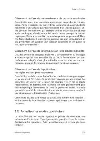 Étape 5 – Contrôler
335
© Éditions d’Organisation
Glissement de l’axe de la connaissance : la perte de savoir-faire
On sait faire mais, pour une raison quelconque, on perd cette connais-
sance. Parmi les raisons qui peuvent être invoquées ici, on peut citer la
périodicité d’une activité (une fonctionnalité d’un logiciel qui n’est uti-
lisé que tous les trois mois par exemple ou une production qui change
après une longue période, ce qui fait que la bonne pratique de la cam-
pagne précédente a été oubliée) ou un changement de personnel. Dans
ces deux situations, il faut pouvoir compter sur une formalisation ad
hoc permettant de garantir une certaine continuité et de pallier le
« manque de mémoire ».
Glissement de l’axe de la formalisation : elle devient obsolète
On a fait évoluer le processus mais pas la documentation ou les règles
à respecter qui lui sont associées. De ce fait, la formalisation qui était
parfaitement adaptée n’est plus utilisable dans le cadre du nouveau
processus puisqu’elle conduira immanquablement à des erreurs.
Glissement de l’axe de l’application :
les règles ne sont plus respectées
On sait faire, mais le temps, les habitudes conduisent à ne plus respec-
ter ce qui avait été établi. On peut citer l’exemple du non-respect des
limitations de vitesse sur la route par exemple ! Si ce cas se répète
régulièrement, la formalisation existante ne sera probablement plus
utilisable puisque déconnectée de la vie du processus. En fait, et quelle
que soit la qualité de la formalisation existante, ce cas nous ramène à
une situation où la formalisation n’existe pas.
Cette petite analyse de l’espace de défaillance montre bien combien il
est important de formaliser les processus opératoires pour maîtriser un
processus.
3.2 Formaliser les modes opératoires
La formalisation des modes opératoires permet de constituer une
mémoire de l’entreprise. C’est également la première étape de la stan-
dardisation des opérations. Cette formalisation peut prendre plusieurs
formes :
 