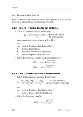 Six Sigma
364 © Éditions d’Organisation
6.3 Le calcul des limites
Pour chaque carte, les limites de contrôle sont placées à ± trois écarts
types de la loi considérée (binomiale ou Poisson).
6.3.1 Carte np – Nombre d’unités non conformes
• Calcul du nombre moyen de défectueux
Proportion moyenne de défectueux p = np/n
avec
npi : nombre de défauts dans l’échantillon i
k : nombre d’échantillons
p : proportion moyenne de défectueux
n : nombre de pièces par échantillon
• Calcul des limites de contrôle supérieure et inférieure
6.3.2 Carte p – Proportion d’unités non conformes
• Calcul de la proportion moyenne de défectueux
avec
npi : nombre de défauts dans l’échantillon i
n : nombre d’unités dans l’échantillon i
• Calcul des limites de contrôles
np
np1 np2 … npk
+ + +
k
----------------------------------------------------
Nb total de défauts
Nb d’échantillons
------------------------------------------------
-
= =
LSCnp np 3 np 1 p
–
( )
+
=
LICnp np 3
– np 1 p
–
( )
=
p
np1 np2 np3 … npk
+ + + +
n1 n2 n3 … nk
+ + + +
-------------------------------------------------------------------
-
Nb total de défauts
Nb total de pièces contrôlées
------------------------------------------------------------------------
-
= =
LSCp p 3
p 1 p
–
( )
ni
-------------------
-
+
=
 