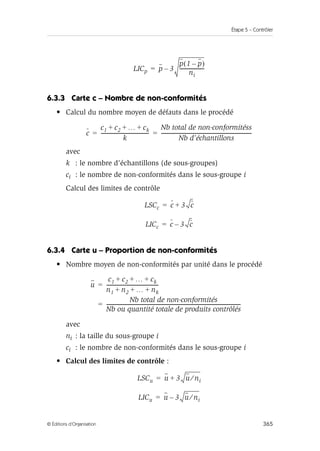 Étape 5 – Contrôler
365
© Éditions d’Organisation
6.3.3 Carte c – Nombre de non-conformités
• Calcul du nombre moyen de défauts dans le procédé
avec
k : le nombre d’échantillons (de sous-groupes)
ci : le nombre de non-conformités dans le sous-groupe i
Calcul des limites de contrôle
6.3.4 Carte u – Proportion de non-conformités
• Nombre moyen de non-conformités par unité dans le procédé
avec
ni : la taille du sous-groupe i
ci : le nombre de non-conformités dans le sous-groupe i
• Calcul des limites de contrôle :
LICp p 3
–
p 1 p
–
( )
ni
-------------------
-
=
c
c1 c2 … ck
+ + +
k
---------------------------------------
Nb total de non-conformitéss
Nb d’échantillons
-------------------------------------------------------------------------
-
= =
LSCc c 3 c
+
=
LICc c 3 c
–
=
u
c1 c2 … ck
+ + +
n1 n2 … nk
+ + +
------------------------------------------
-
Nb total de non-conformités
Nb ou quantité totale de produits contrôlés
--------------------------------------------------------------------------------------------------------------
=
=
LSCu u 3 u ni
⁄
+
=
LICu u 3 u ni
⁄
–
=
 
