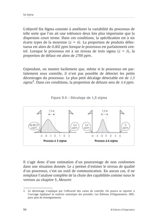 Six Sigma
24 © Éditions d’Organisation
L’objectif Six Sigma consiste à améliorer la variabilité du processus de
telle sorte que l’on ait une tolérance deux fois plus importante que la
dispersion court terme. Dans ces conditions, la spécification est à six
écarts types de la moyenne (z = 6). La proportion de produits défec-
tueux est alors de 0,002 ppm lorsque le processus est parfaitement cen-
tré. Lorsque le processus est à un niveau de trois sigma (z = 3), la
proportion de défaut est alors de 2700 ppm.
Cependant, on montre facilement que, même si le processus est par-
faitement sous contrôle, il n’est pas possible de détecter les petits
décentrages du processus. Le plus petit décalage détectable est de 1,5
sigma3. Dans ces conditions, la proportion de défauts sera de 3,4 ppm.
Figure 2.4 – Décalage de 1,5 sigma
Il s’agit donc d’une estimation d’un pourcentage de non conformes
dans une situation donnée. Le z permet d’estimer le niveau de qualité
d’un processus, c’est un outil de communication. En aucun cas, il ne
remplace l’analyse complète de la chute des capabilités comme nous le
verrons au chapitre 5, Mesurer.
3. Ce décentrage s’explique par l’efficacité des cartes de contrôle. On pourra se reporter à
l’ouvrage Appliquer la maîtrise statistique des procédés, Les Éditions d’Organisation, 2001,
pour plus de renseignements.
Process à 3 sigma Process à 6 sigma
1,5 σ 1,5 σ
3,4
ppm
3,4
ppm
66 807,2
ppm
0
ppm
0
–1
–2
–3 1 2 3 0
–2
–4
–6 2 4 6
 