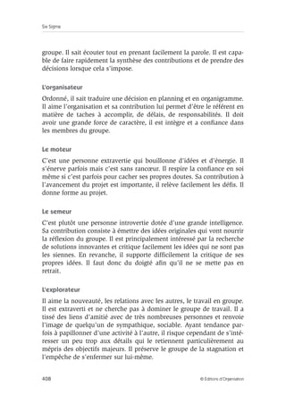Six Sigma
408 © Éditions d’Organisation
groupe. Il sait écouter tout en prenant facilement la parole. Il est capa-
ble de faire rapidement la synthèse des contributions et de prendre des
décisions lorsque cela s’impose.
L’organisateur
Ordonné, il sait traduire une décision en planning et en organigramme.
Il aime l’organisation et sa contribution lui permet d’être le référent en
matière de taches à accomplir, de délais, de responsabilités. Il doit
avoir une grande force de caractère, il est intègre et a confiance dans
les membres du groupe.
Le moteur
C’est une personne extravertie qui bouillonne d’idées et d’énergie. Il
s’énerve parfois mais c’est sans rancœur. Il respire la confiance en soi
même si c’est parfois pour cacher ses propres doutes. Sa contribution à
l’avancement du projet est importante, il relève facilement les défis. Il
donne forme au projet.
Le semeur
C’est plutôt une personne introvertie dotée d’une grande intelligence.
Sa contribution consiste à émettre des idées originales qui vont nourrir
la réflexion du groupe. Il est principalement intéressé par la recherche
de solutions innovantes et critique facilement les idées qui ne sont pas
les siennes. En revanche, il supporte difficilement la critique de ses
propres idées. Il faut donc du doigté afin qu’il ne se mette pas en
retrait.
L’explorateur
Il aime la nouveauté, les relations avec les autres, le travail en groupe.
Il est extraverti et ne cherche pas à dominer le groupe de travail. Il a
tissé des liens d’amitié avec de très nombreuses personnes et renvoie
l’image de quelqu’un de sympathique, sociable. Ayant tendance par-
fois à papillonner d’une activité à l’autre, il risque cependant de s’inté-
resser un peu trop aux détails qui le retiennent particulièrement au
mépris des objectifs majeurs. Il préserve le groupe de la stagnation et
l’empêche de s’enfermer sur lui-même.
 