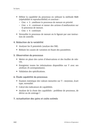 Six Sigma
460 © Éditions d’Organisation
• Définir la capabilité du processus en utilisant la méthode RR
(répétabilité et reproductibilité) et conclure :
– Cmc  3 : améliorer le processus de mesure en priorité.
– Cmc  4 : continuer et mener des actions d’amélioration sur
le processus de mesure.
– Cmc  4 : continuer.
• Verrouiller le processus de mesure en le figeant par une instruc-
tion de contrôle.
4. Réduction de la variabilité
• Analyser les X potentiels (analyse des 5M).
• Réduire les causes de variation en fixant des paramètres.
5. Observation du processus
• Mettre en place des cartes d’observations et des feuilles de rele-
vés.
• Enregistrer toutes les informations disponibles sur Y avec ses
attributs (X correspondants).
• Validation des spécifications.
6. Étude capabilité du processus
• Examen statistique des valeurs mesurées sur Y : moyenne, écart
type, normalité.
• Calcul des indicateurs de capabilités.
• Analyse de la chute des capabilités : problème de processus, de
dérive ou de centrage ?
7. Actualisation des gains et coûts estimés
 