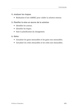 Fiches résumés
465
© Éditions d’Organisation
4. Analyser les risques
• Réalisation d’une AMDEC pour valider la solution retenue.
5. Planifier la mise en œuvre de la solution
• Identifier les acteurs.
• Identifier les étapes.
• Faire la planification du changement.
6. Gains
• Actualiser les gains mesurables et les gains non mesurables.
• Actualiser les coûts mesurables et les coûts non mesurables.
 