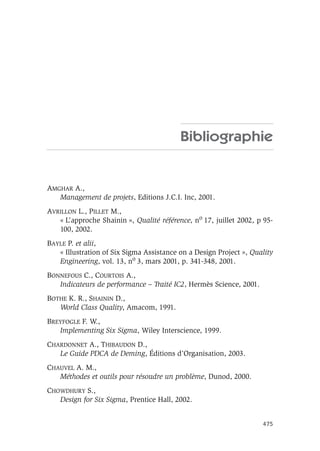 475
Bibliographie
AMGHAR A.,
Management de projets, Editions J.C.I. Inc, 2001.
AVRILLON L., PILLET M.,
« L’approche Shainin », Qualité référence, no 17, juillet 2002, p 95-
100, 2002.
BAYLE P. et alii,
« Illustration of Six Sigma Assistance on a Design Project », Quality
Engineering, vol. 13, no 3, mars 2001, p. 341-348, 2001.
BONNEFOUS C., COURTOIS A.,
Indicateurs de performance – Traité IC2, Hermès Science, 2001.
BOTHE K. R., SHAININ D.,
World Class Quality, Amacom, 1991.
BREYFOGLE F. W.,
Implementing Six Sigma, Wiley Interscience, 1999.
CHARDONNET A., THIBAUDON D.,
Le Guide PDCA de Deming, Éditions d’Organisation, 2003.
CHAUVEL A. M.,
Méthodes et outils pour résoudre un problème, Dunod, 2000.
CHOWDHURY S.,
Design for Six Sigma, Prentice Hall, 2002.
 