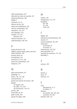Index
483
© Éditions d’Organisation
effets quadratiques, 247
efficacité des cartes de contrôle, 347
efficacité/efficience, 389
EFQM, 9
entonnoir à X, 41
épreuve du feu, 381
espace de la défaillance, 332
essai de confirmation, 285
estimateur, 132, 175
état organique, 376
étendue, 175, 179
glissante, 339
étude de linéarité, 110
expérimentique, 264, 414
F
feuille de relevés, 128
FMECA (Failure Mode, Effect and Criti-
cality Analysis), 318
fonction perte, 54
formalisation, 333
formation, 67, 411, 424
forme de la distribution, 182
fréquence, 319
G
gains prévisionnels, 99
gaspillage, 13
Gauss, 132, 175, 182
General Electric, 1
gestion des moyens de mesure, 109
graphe
de Taguchi, 276
des effets, 173, 270
des interactions, 174, 271
gravité, 320
Green Belt, 62, 66
grille d’audit, 383
groupe Six Sigma, 404
H
Hartley, 189
histogramme, 131, 175
hypothèse
H0, 190
H1, 190
nulle, 236
I
IEMSE, 383
indicateurs de performance, 392
innover, 27
innover/améliorer, 48, 259
instruction
de contrôle, 57
de travail, 57
interaction(s), 247, 267
inter-percentile, 175
intervalle de confiance, 177, 181
ISO 9000, 9
J
justesse, 108
K
Kaizen, 6
Kano, 78
Kurtosis, 175
L
Lean
Management, 9, 11
Six Sigma, 17
limite(s)
de contrôle, 345, 359, 364
naturelles, 56, 340
linéarité, 108, 110
 