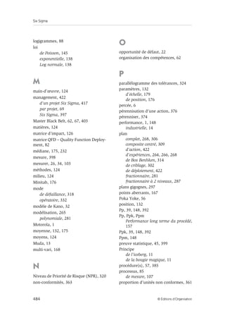 Six Sigma
484 © Éditions d’Organisation
logigrammes, 88
loi
de Poisson, 145
exponentielle, 138
Log normale, 138
M
main-d’œuvre, 124
management, 422
d’un projet Six Sigma, 417
par projet, 69
Six Sigma, 397
Master Black Belt, 62, 67, 403
matières, 124
matrice d’impact, 126
matrice QFD – Quality Function Deploy-
ment, 82
médiane, 175, 232
mesure, 398
mesurer, 26, 34, 103
méthodes, 124
milieu, 124
Minitab, 176
mode
de défaillance, 318
opératoire, 332
modèle de Kano, 32
modélisation, 265
polynomiale, 281
Motorola, 1
moyenne, 132, 175
moyens, 124
Muda, 13
multi-vari, 168
N
Niveau de Priorité de Risque (NPR), 320
non-conformités, 363
O
opportunité de défaut, 22
organisation des compétences, 62
P
parallélogramme des tolérances, 324
paramètres, 132
d’échelle, 179
de position, 176
percée, 6
pérennisation d’une action, 376
pérenniser, 374
performance, 1, 148
industrielle, 14
plan
complet, 268, 306
composite centré, 309
d’action, 422
d’expériences, 264, 266, 268
de Box Benhken, 314
de criblage, 302
de déploiement, 422
fractionnaire, 281
fractionnaire à 2 niveaux, 287
plans gigognes, 297
points aberrants, 167
Poka Yoke, 56
position, 132
Pp, 39, 148, 392
Pp, Ppk, Ppm
Performance long terme du procédé,
157
Ppk, 39, 148, 392
Ppm, 148
preuve statistique, 45, 399
Principe
de l’iceberg, 11
de la bougie magique, 11
procédure(s), 57, 385
processus, 85
de mesure, 107
proportion d’unités non conformes, 361
 