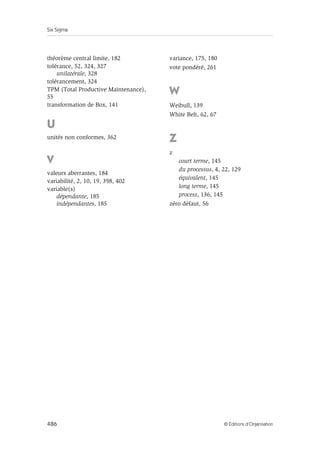 Six Sigma
486 © Éditions d’Organisation
théorème central limite, 182
tolérance, 52, 324, 327
unilatérale, 328
tolérancement, 324
TPM (Total Productive Maintenance),
55
transformation de Box, 141
U
unités non conformes, 362
V
valeurs aberrantes, 184
variabilité, 2, 10, 19, 398, 402
variable(s)
dépendante, 185
indépendantes, 185
variance, 175, 180
vote pondéré, 261
W
Weibull, 139
White Belt, 62, 67
Z
z
court terme, 145
du processus, 4, 22, 129
équivalent, 145
long terme, 145
process, 136, 145
zéro défaut, 56
 