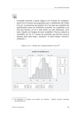Les concepts de Six Sigma
43
© Éditions d’Organisation
L’exemple présenté ci-après (figure 2.13) d’étude du comporte-
ment d’un X montre une population qui a visiblement fait l’objet
d’un tri. Le processus qui produit cet X ne peut pas satisfaire les
spécifications dans les conditions actuelles, les capabilités n’en
sont pas bonnes. Le tri a sans doute un coût important, est-il
utile ? Quelle est l’origine de cette variabilité ? Peut-on réduire la
variabilité sur cet X ? Autant de questions qui devront trouver
réponse dans cette étape « Analyser » et dans l’étape « Innover/
Améliorer ».
Figure 2.13 – Étude du comportement d’un X6
6. Les graphiques et analyses sont réalisés avec Minitab – Logiciel d’analyse statistique
www.minitab.com.
Ex
Analyse de capabilité pour X
LSL 120,00000
Target 123,00000
USL 126,00000
Mean 123,83019
Sample N 53
StDev (Within) 1,43208
StDev (Overall) 1,54835
Process Data
PPM < LSL 0,00
PPM > USL 0,00
PPM Total 0,00
Observed Performance
PPM < LSL 3 741,30
PPM > USL 64 867,43
PPM Total 68 608,73
Exp. Within Performance
PPM < LSL 6 685,75
PPM > USL 80 552,07
PPM Total 87 237,82
Exp. Overall Performance
Cp 0,70
CPL 0,89
CPU 0,51
Cpk 0,51
Potential Capability
Pp 0,65
PPL 0,82
PPU 0,47
Ppk 0,47
Cpm 0,57
Overall Capability
120
LSL = 120 Tar = 123 USL = 126
122 124 126 128
 