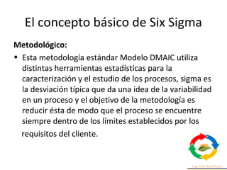 El concepto básico de Six Sigma
Metodológico:
• Esta metodología estándar Modelo DMAIC utiliza
distintas herramientas estadísticas para la
caracterización y el estudio de los procesos, sigma es
la desviación típica que da una idea de la variabilidad
en un proceso y el objetivo de la metodología es
reducir ésta de modo que el proceso se encuentre
siempre dentro de los límites establecidos por los
requisitos del cliente.
 