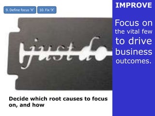 IMPROVE
9. Define focus ‘X’   10. Fix ‘X’


                                      Focus on
                                      the vital few
                                      to drive
                                      business
                                      outcomes.




  Decide which root causes to focus
  on, and how
 