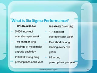 What is Six Sigma Performance?
99% Good (3.8s)

99.99966% Good (6s)

• 5,000 incorrect

• 1.7 incorrect

operations per week

operations per week

• Two short or long

• One short or long

landings at most major

landing every five

airports each day

years

• 200,000 wrong drug

• 68 wrong

prescriptions each year

prescriptions per year.

Introduction to Six Sigma

12

 