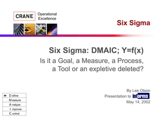  D efine
M easure
A nalyze
I mprove
C ontrol
Operational
Excellence
By Lee Olson
Presentation to INFORMS
May 14, 2002
Six Sigma
Six Sigma: DMAIC; Y=f(x)
Is it a Goal, a Measure, a Process,
a Tool or an expletive deleted?
 