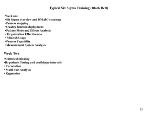 15
Typical Six Sigma Training (Black Belt)
Week one
•Six Sigma overview and DMAIC roadmap
•Process mapping
•Quality function deployment
•Failure Mode and Effects Analysis
• Organization Effectiveness
• Minitab Usage
•Process Capability
•Measurement System Analysis
Week Two
•Statistical thinking
•Hypothesis Testing and confidence intervals
• Correlation
• Multi-vari Analysis
• Regression
 