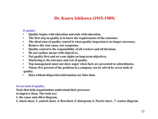 22
Dr. Kaoru Ishikawa (1915-1989)
11 points:
• Quality begins with education and ends with education.
• The first step in quality is to know the requirements of the customer.
• The ideal state of quality control is when quality inspection is no longer necessary.
• Remove the root cause, not symptoms.
• Quality control is the responsibility of all workers and all divisions.
• Do not confuse means with objectives.
• Put quality first and set your sights on long-term objectives.
• Marketing is the entrance and exit of quality.
• Top management must not show anger when facts are presented to subordinates.
• Ninety-five percent of the problem in a company can be solved by seven tools of
quality.
• Data without dispersion information are false data.
Seven tools of quality:
Tools that help organizations understand their processes
to improve them. The tools are:
1. the cause and effect diagram,
2. check sheet, 3. control chart, 4. flowchart, 5. histogram, 6. Pareto chart , 7. scatter diagram
 