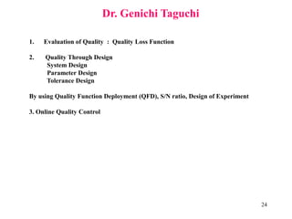 24
Dr. Genichi Taguchi
1. Evaluation of Quality : Quality Loss Function
2. Quality Through Design
System Design
Parameter Design
Tolerance Design
By using Quality Function Deployment (QFD), S/N ratio, Design of Experiment
3. Online Quality Control
 