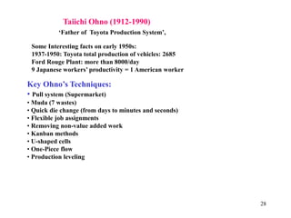 28
Taiichi Ohno (1912-1990)
‘Father of Toyota Production System’,
Key Ohno’s Techniques:
• Pull system (Supermarket)
• Muda (7 wastes)
• Quick die change (from days to minutes and seconds)
• Flexible job assignments
• Removing non-value added work
• Kanban methods
• U-shaped cells
• One-Piece flow
• Production leveling
Some Interesting facts on early 1950s:
1937-1950: Toyota total production of vehicles: 2685
Ford Rouge Plant: more than 8000/day
9 Japanese workers’ productivity = 1 American worker
 