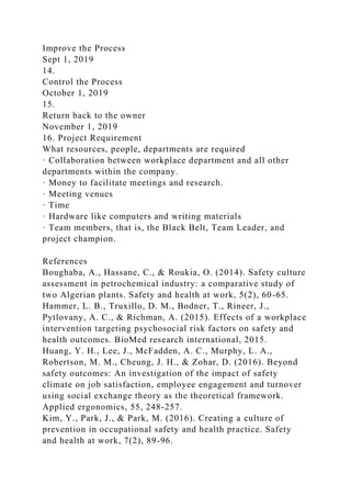 Improve the Process
Sept 1, 2019
14.
Control the Process
October 1, 2019
15.
Return back to the owner
November 1, 2019
16. Project Requirement
What resources, people, departments are required
· Collaboration between workplace department and all other
departments within the company.
· Money to facilitate meetings and research.
· Meeting venues
· Time
· Hardware like computers and writing materials
· Team members, that is, the Black Belt, Team Leader, and
project champion.
References
Boughaba, A., Hassane, C., & Roukia, O. (2014). Safety culture
assessment in petrochemical industry: a comparative study of
two Algerian plants. Safety and health at work, 5(2), 60-65.
Hammer, L. B., Truxillo, D. M., Bodner, T., Rineer, J.,
Pytlovany, A. C., & Richman, A. (2015). Effects of a workplace
intervention targeting psychosocial risk factors on safety and
health outcomes. BioMed research international, 2015.
Huang, Y. H., Lee, J., McFadden, A. C., Murphy, L. A.,
Robertson, M. M., Cheung, J. H., & Zohar, D. (2016). Beyond
safety outcomes: An investigation of the impact of safety
climate on job satisfaction, employee engagement and turnover
using social exchange theory as the theoretical framework.
Applied ergonomics, 55, 248-257.
Kim, Y., Park, J., & Park, M. (2016). Creating a culture of
prevention in occupational safety and health practice. Safety
and health at work, 7(2), 89-96.
 
