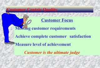 Customer Focus Meeting customer requirements Achieve complete customer satisfaction Measure level of achievement Customer is the ultimate judge Customer Centric Quality 