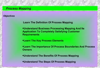Process Mapping Objectives Learn The Definition Of Process Mapping Understand Business Processing Mapping And Its Application To Completely Satisfying Customer  Requirements Learn The Key Process Elements Learn The Importance Of Process Boundaries And Process Owners Understand The Benefits Of Process Mapping Understand The Steps Of Process Mapping 