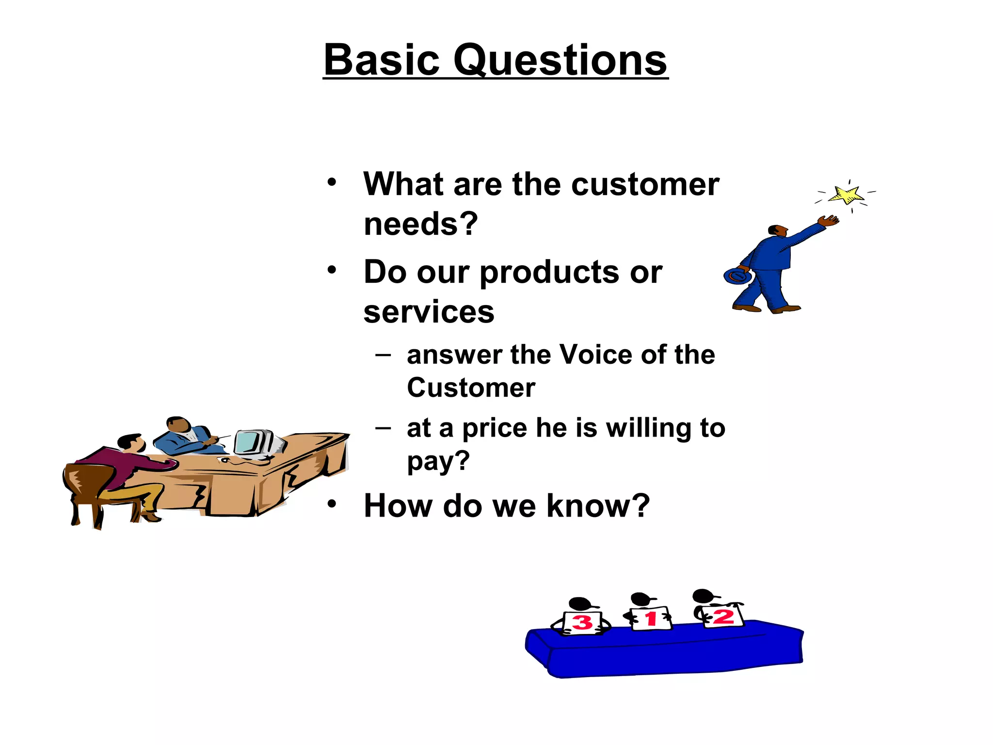 Basic Questions
• What are the customer
needs?
• Do our products or
services
– answer the Voice of the
Customer
– at a price he is willing to
pay?
• How do we know?
 
