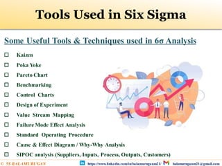 Tools Used in Six Sigma
 Kaizen
 Poka Yoke
 Pareto Chart
 Benchmarking
 Control Charts
 Design of Experiment
 Value Stream Mapping
 Failure Mode Effect Analysis
 Standard Operating Procedure
 Cause & Effect Diagram / Why-Why Analysis
 SIPOC analysis (Suppliers, Inputs, Process, Outputs, Customers)
Some Useful Tools & Techniques used in 6σ Analysis
https://www.linkedin.com/in/balamuruganm21/ balamuruganm21@gmail.com
© 5S BALAMURUGAN
 