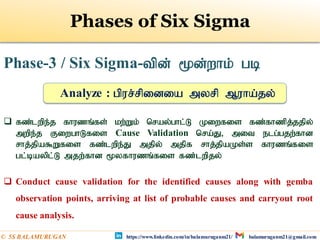 Phase-3 / Six Sigma-tpd; %d;whk; gb
 fz;lwpe;j fhuzq;fs; kw;Wk; nray;ghl;L Kiwfis fz;fhzpj;jjpy;
mwpe;j FiwghLfis Cause Validation nra;J> mit elg;gjw;fhd
rhj;jpa$Wfis fz;lwpe;J mjpy; mjpf rhj;jpaKs;s fhuzq;fis
gl;baypl;L mjw;fhd %yfhuzq;fis fz;lwpjy;
 Conduct cause validation for the identified causes along with gemba
observation points, arriving at list of probable causes and carryout root
cause analysis.
Analyze : gpur;rpidia myrp Muha;jy;
Phases of Six Sigma
https://www.linkedin.com/in/balamuruganm21/ balamuruganm21@gmail.com
© 5S BALAMURUGAN
 