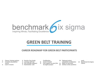 GREEN BELT TRAINING CAREER ROADMAP FOR GREEN BELT PARTICIPANTS Choose Training options Complete foundationcourse Learn in teams Practice Case Study Learning with fun User friendly software Examination  and Certification. Career Growth Free support on your first Six Sigma project Optional project completion certification  Move to next level  Achieve senior positions early . Benchmark Six Sigma Clients 
