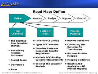 Champion Training Module 2009, Genaxis Sdn Bhd, Malaysia. All rights reserved. Genaxis Proprietary Information – Subject to the restrictions on the cover page
Road Map: Define
• The Business
Case (need for
change)
• Preliminary
Problem
Statement
• Project Scope
• Deliverable
• Roles
Define Measure Analyze Improve Control
Team
Chartering
Customer
Focus
Process
Mapping
 Definition Of Quality
 Types Of Customers
 Translate Customer
Needs Into Specific
Requirement
 Methods Of Collecting
Customer Requirements
 Voice Of The Customer
Analysis
 Process Definitions
 Connecting The
Customer To
Your Process
 Business Process
Mapping
 Mapping Guidelines
 Benefits And
Applications Of
Process Mapping
 