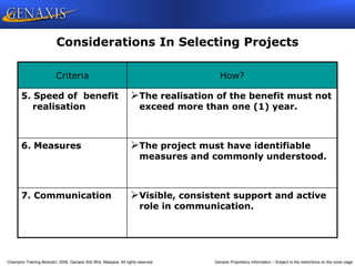 Champion Training Module 2009, Genaxis Sdn Bhd, Malaysia. All rights reserved. Genaxis Proprietary Information – Subject to the restrictions on the cover page
Considerations In Selecting Projects
Criteria How?
5. Speed of benefit
realisation
The realisation of the benefit must not
exceed more than one (1) year.
6. Measures The project must have identifiable
measures and commonly understood.
7. Communication Visible, consistent support and active
role in communication.
 