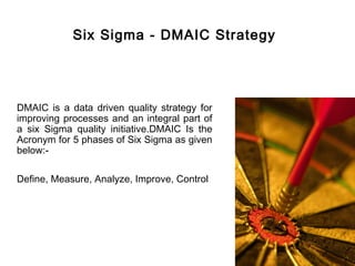 FICCI                                                                 CE




                Six Sigma - DMAIC Strategy
Define           Measure          Analyze         Improve   Control




    DMAIC is a data driven quality strategy for
    improving processes and an integral part of
    a six Sigma quality initiative.DMAIC Is the
    Acronym for 5 phases of Six Sigma as given
    below:-

    Define, Measure, Analyze, Improve, Control
 