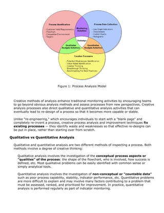 Figure 1: Process Analysis Model
Creative methods of analysis enhance traditional monitoring activities by encouraging teams
to go beyond obvious analysis methods and assess processes from new perspectives. Creative
analysis processes also direct qualitative and quantitative analysis activities that can
eventually lead to re-design of a process so that it becomes more capable or stable.
Unlike "re-engineering," which encourages individuals to start with a "blank page" and
completely re-invent a process, creative process analysis and improvement techniques fix
existing processes — they identify waste and weaknesses so that effective re-designs can
be put in place, rather than starting over from scratch.
Qualitative vs Quantitative Analysis
Qualitative and quantitative analysis are two different methods of inspecting a process. Both
methods involve a degree of creative thinking:
Qualitative analysis involves the investigation of the conceptual process aspects or
"qualities" of the process: the shape of the flowchart, who is involved, how success is
defined, etc. Most qualitative problems can be easily identified with common sense or
simply analytical tools.
Quantitative analysis involves the investigation of non-conceptual or "countable data"
such as poor process capability, stability, indicator performance, etc. Quantitative problems
are more difficult to explain and may involve many factors contributing to a problem that
must be assessed, ranked, and prioritized for improvement. In practice, quantitative
analysis is performed regularly as part of indicator monitoring.
 