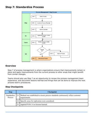 Step 7: Standardize Process
Overview
Step 7 of process management is where organizations ensure that improvements remain in
place and apply improvements from the current process to other areas that might benefit
from similar changes.
Teams should also use Step 7 as an opportunity to review the process management team
experience, and document lessons learned and things that can be done to improve the next
process team's procedures.
Step Checkpoints
Step Checkpoint
23. Method was established to ensure process standards continuously reflect customer
requirements.
24. Specific areas for replication were considered.
Standardize
Process
25. Applied P-D-C-A to lessons learned.
 