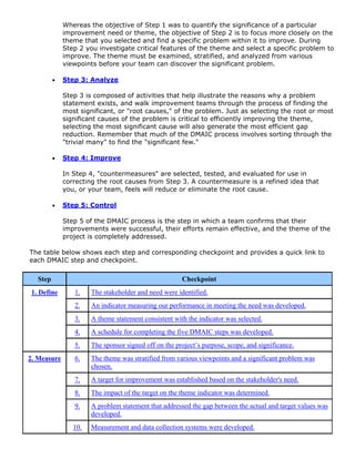 Whereas the objective of Step 1 was to quantify the significance of a particular
improvement need or theme, the objective of Step 2 is to focus more closely on the
theme that you selected and find a specific problem within it to improve. During
Step 2 you investigate critical features of the theme and select a specific problem to
improve. The theme must be examined, stratified, and analyzed from various
viewpoints before your team can discover the significant problem.
• Step 3: Analyze
Step 3 is composed of activities that help illustrate the reasons why a problem
statement exists, and walk improvement teams through the process of finding the
most significant, or "root causes," of the problem. Just as selecting the root or most
significant causes of the problem is critical to efficiently improving the theme,
selecting the most significant cause will also generate the most efficient gap
reduction. Remember that much of the DMAIC process involves sorting through the
"trivial many" to find the "significant few."
• Step 4: Improve
In Step 4, "countermeasures" are selected, tested, and evaluated for use in
correcting the root causes from Step 3. A countermeasure is a refined idea that
you, or your team, feels will reduce or eliminate the root cause.
• Step 5: Control
Step 5 of the DMAIC process is the step in which a team confirms that their
improvements were successful, their efforts remain effective, and the theme of the
project is completely addressed.
The table below shows each step and corresponding checkpoint and provides a quick link to
each DMAIC step and checkpoint.
Step Checkpoint
1. The stakeholder and need were identified.
2. An indicator measuring our performance in meeting the need was developed.
3. A theme statement consistent with the indicator was selected.
4. A schedule for completing the five DMAIC steps was developed.
1. Define
5. The sponsor signed off on the project’s purpose, scope, and significance.
6. The theme was stratified from various viewpoints and a significant problem was
chosen.
7. A target for improvement was established based on the stakeholder's need.
8. The impact of the target on the theme indicator was determined.
9. A problem statement that addressed the gap between the actual and target values was
developed.
2. Measure
10. Measurement and data collection systems were developed.
 