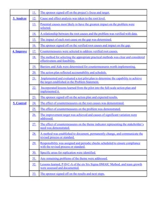11. The sponsor signed off on the project’s focus and target.
12. Cause and effect analysis was taken to the root level.
13. Potential causes most likely to have the greatest impact on the problem were
selected.
14. A relationship between the root causes and the problem was verified with data.
15. The impact of each root cause on the gap was determined.
3. Analyze
16. The sponsor signed off on the verified root causes and impact on the gap.
17. Countermeasures were selected to address verified root causes.
18. The method for selecting the appropriate practical methods was clear and considered
effectiveness and feasibility.
19. Barriers and Aids were determined for countermeasures worth implementing.
20. The action plan reflected accountability and schedule.
21. Implemented and evaluated a test pilot plan to determine the capability to achieve
the target established in the Problem Statement.
22. Incorporated lessons learned from the pilot into the full-scale action plan and
implemented it.
4. Improve
23. The sponsor signed off on the action plan and expected results.
24. The effect of countermeasures on the root causes was demonstrated.
25. The effect of countermeasures on the problem was demonstrated.
26. The improvement target was achieved and causes of significant variation were
addressed.
27. The effect of countermeasures on the theme indicator representing the stakeholder’s
need was demonstrated.
28. A method was established to document, permanently change, and communicate the
revised process or standard.
29. Responsibility was assigned and periodic checks scheduled to ensure compliance
with the revised process or standard.
30. Specific areas for replication were identified.
31. Any remaining problems of the theme were addressed.
32. Lessons learned, P-D-C-A of the ets Six Sigma DMAIC Method, and team growth
were assessed and documented.
5. Control
33. The sponsor signed off on the results and next steps.
 