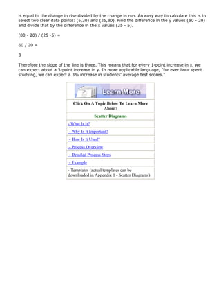 is equal to the change in rise divided by the change in run. An easy way to calculate this is to
select two clear data points: (5,20) and (25,80). Find the difference in the y values (80 - 20)
and divide that by the difference in the x values (25 - 5).
(80 - 20) / (25 -5) =
60 / 20 =
3
Therefore the slope of the line is three. This means that for every 1-point increase in x, we
can expect about a 3-point increase in y. In more applicable language, "for ever hour spent
studying, we can expect a 3% increase in students' average test scores."
Click On A Topic Below To Learn More
About:
Scatter Diagrams
- What Is It?
- Why Is It Important?
- How Is It Used?
- Process Overview
- Detailed Process Steps
- Example
- Templates (actual templates can be
downloaded in Appendix 1 - Scatter Diagrams)
 