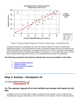 Figure 1: Using A Scatter Diagram To Confirm A Root Cause - Gap Relationship
If absolute accuracy is important, you may use Excel to perform a linear or polynomial
regression analysis. This will provide you with a numerical equation for your line that can be
used to calculate the exact slope, or outcome result for any x value. This type of calculation
can be performed with a determinable degree of accuracy, but a complete discussion on this
topic is beyond the scope of this course. It is mentioned here simply for awareness.
The following analytical and decision-making tools may prove helpful in this Step:
•
• Cause and Effect Diagram
• Scatter Diagram
• Single Case Bore Analysis
• Pareto Chart
Step 3: Analyze - Checkpoint 16
16. The sponsor signed off on the verified root causes and impact on the
gap.
A tollgate review or project status update meeting with the sponsor is key to maintaining
management support, enthusiasm, and commitment to the project. These meetings provide
 