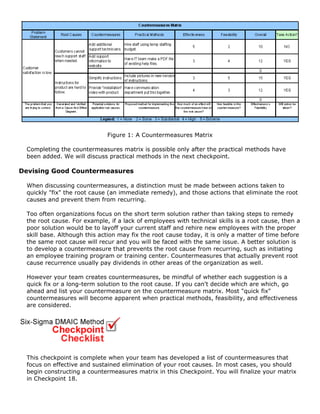 Figure 1: A Countermeasures Matrix
Completing the countermeasures matrix is possible only after the practical methods have
been added. We will discuss practical methods in the next checkpoint.
Devising Good Countermeasures
When discussing countermeasures, a distinction must be made between actions taken to
quickly "fix" the root cause (an immediate remedy), and those actions that eliminate the root
causes and prevent them from recurring.
Too often organizations focus on the short term solution rather than taking steps to remedy
the root cause. For example, if a lack of employees with technical skills is a root cause, then a
poor solution would be to layoff your current staff and rehire new employees with the proper
skill base. Although this action may fix the root cause today, it is only a matter of time before
the same root cause will recur and you will be faced with the same issue. A better solution is
to develop a countermeasure that prevents the root cause from recurring, such as initiating
an employee training program or training center. Countermeasures that actually prevent root
cause recurrence usually pay dividends in other areas of the organization as well.
However your team creates countermeasures, be mindful of whether each suggestion is a
quick fix or a long-term solution to the root cause. If you can't decide which are which, go
ahead and list your countermeasure on the countermeasure matrix. Most "quick fix"
countermeasures will become apparent when practical methods, feasibility, and effectiveness
are considered.
This checkpoint is complete when your team has developed a list of countermeasures that
focus on effective and sustained elimination of your root causes. In most cases, you should
begin constructing a countermeasures matrix in this Checkpoint. You will finalize your matrix
in Checkpoint 18.
 