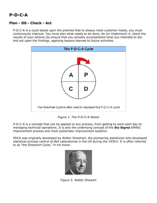 P-D-C-A
Plan - D0 - Check - Act
P-D-C-A is a cycle based upon the premise that to always meet customer needs, you must
continuously improve. You must plan what needs to be done, do (or implement) it, check the
results of your actions (to ensure that you actually accomplished what you intended to do)
and act upon the findings, applying lessons learned to future activities.
Figure 1: The P-D-C-A Wheel
P-D-C-A is a concept that can be applied to any process, from getting to work each day to
managing technical operations. It is also the underlying concept of the Six Sigma DMAIC
improvement process and most systematic improvement systems.
PDCA was originally developed by Walter Shewhart, the pioneering statistician who developed
statistical process control at Bell Laboratories in the US during the 1930's. It is often referred
to as "the Shewhart Cycle," in his honor.
Figure 2: Walter Shewart
 