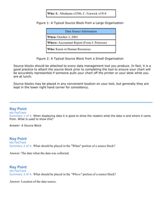 Who: K. Abrahams x3386, C. Fenwick x1914
Figure 1: A Typical Source Block from a Large Organization
Data Source Information
When: October 3, 2003
Where: Accountant Report (From J. Peterson)
Who: Karen in Human Resources
Figure 2: A Typical Source Block from a Small Organization
Source blocks should be attached to every data management tool you produce. In fact, it is a
good practice to attach the source block prior to completing the tool to ensure your chart will
be accurately represented if someone pulls your chart off the printer or your desk while you
are at lunch.
Source blocks may be placed in any convenient location on your tool, but generally they are
kept in the lower right hand corner for consistency.
Key Point
ets FasTrack
Summary 1 of 4: When displaying data it is good to show the readers what the data is and where it came
from. What is used to show this?
Answer: A Source Block
Key Point
ets FasTrack
Summary 2 of 4: What should be placed in the "When" portion of a source block?
Answer: The date when the data was collected.
Key Point
ets FasTrack
Summary 3 of 4: What should be placed in the "Where" portion of a source block?
Answer: Location of the data source.
 