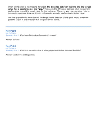 When an indicator is not meeting its target, the distance between the line and the target
value has a special name: the "gap." The gap is the difference between what the current
performance is, and the target value for this indicator. Whenever you hear someone refer to
the gap in a process, they are literally referring to an under performing indicator value.
The line graph should move toward the target in the direction of the good arrow, or remain
past the target in the direction that the good arrow points.
Key Point
ets FasTrack
Summary 1 of 2: What is used to track performance of a process?
Answer: Indicator
Key Point
ets FasTrack
Summary 2 of 2: What tools are used to show in a line graph where the best outcomes should be?
Answer: Good arrows and target lines.
 